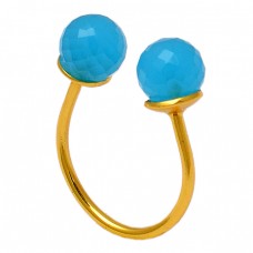 Faceted Round Balls Shape Aqua Chalcedony Gemstone 925 Silver Gold Plated Ring