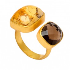 925 Sterling Silver Smoky Quartz Brecciated Mookaite Gemstone Gold Plated Ring