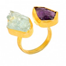 Handcrafted Designer Auamarine Amethyst Rough Gemstone 925 Silver Gold Plated Rings