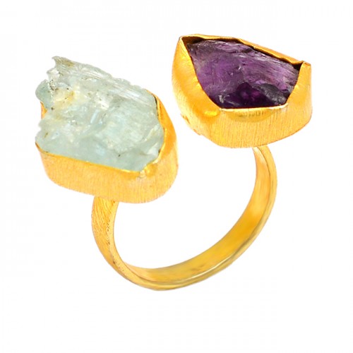 Handcrafted Designer Auamarine Amethyst Rough Gemstone 925 Silver Gold Plated Rings