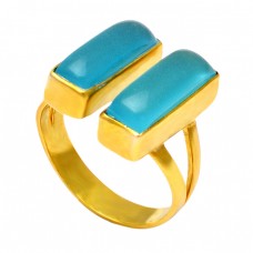 Cabochon Rectangle Shape Aqua Chalcedony Gemstone 925 Silver Gold Plated Ring 