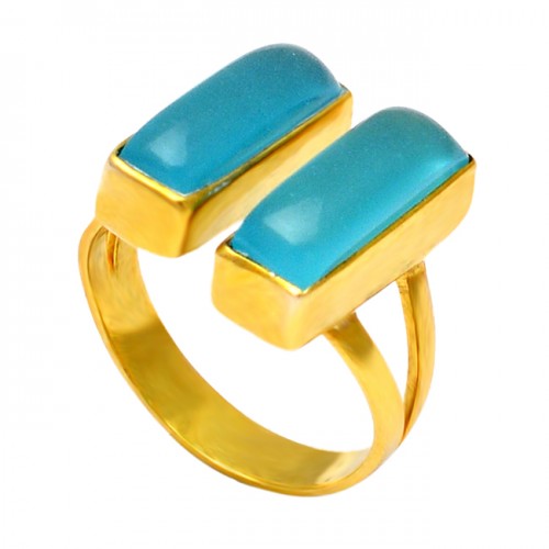 Cabochon Rectangle Shape Aqua Chalcedony Gemstone 925 Silver Gold Plated Ring 