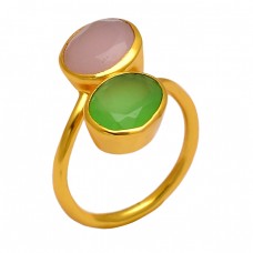 Rose Prehnite Color Chalcedony Gemstone 925 Silver Gold Plated Band Ring Jewelry