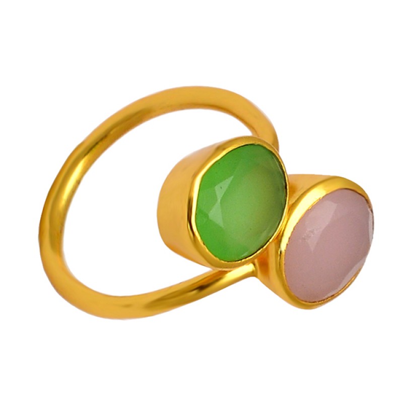 Rose Prehnite Color Chalcedony Gemstone 925 Silver Gold Plated Band Ring Jewelry
