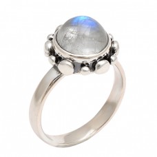 Round Shape Rainbow Moonstone 925 Sterling Silver Handmade Ring Jewelry