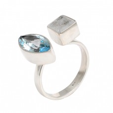 Blue Topaz Rainbow Moonstone 925 Sterling Silver Designer Ring Jewelry