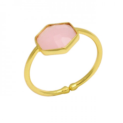 Hexagon Shape Rose Chalcedony Gemstone 925 Sterling Silver Gold Plated Ring