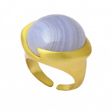 Round Cabochon Blue Lace Agate Gemstone 925 Sterling Silver Gold Plated Ring