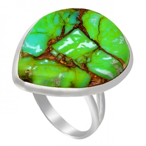 Pear Cabochon Green Copper Turquoise Gemstone 925 Sterling Silver Ring Jewelry 