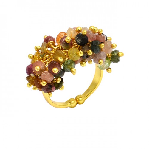 Faceted Roundel Beads Multi Tourmaline Gemstone 925 Silver Gold Plated Adjustable Rings