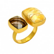Smoky Quartz Bracited Mookite Gemstone 925 Sterling Silver Gold Plated Ring