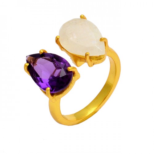 Prong Setting Amethyst Rainbow Moonstone 925 Sterling Silver Gold Plated Ring