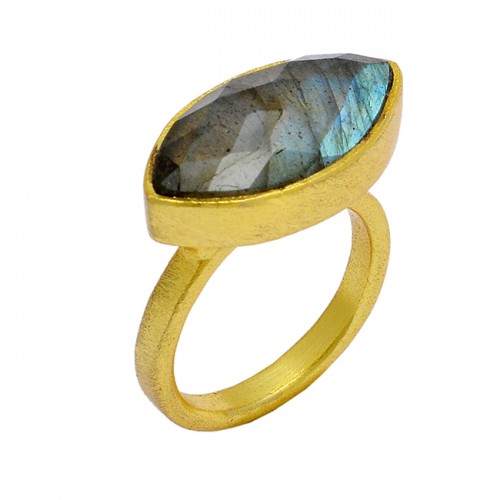 925 Sterling Silver Marquise Shape Labradorite Gemstone Gold Plated Ring