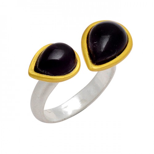 Pear Cabochon Black Onyx Gemstone 925 Sterling Silver Gold Plated Ring Jewelry