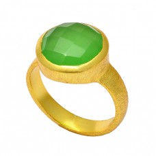 Prehnite Chalcedony Round Shape Gemstone 925 Sterling Silver Gold Plated Ring