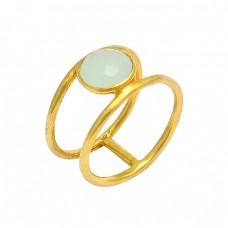 925 Sterling Silver Round Shape Aqua Chalcedony Gemstone Gold Plated Ring