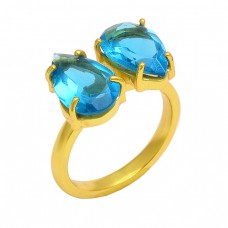 Faceted Pear Shape Blue Topaz Gemstone 925 Sterling Silver Gold Plated Ring