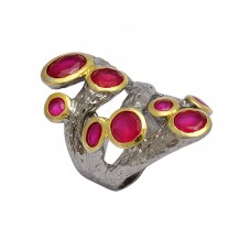 Oval Round Shape Ruby Gemstone 925 Silver Gold Plated & Black Rhodium Ring Jewelry