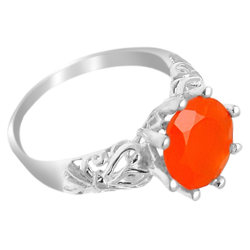 Round Shape Carnelian Gemstone 925 Sterling Silver Prong Setting Ring Jewelry 