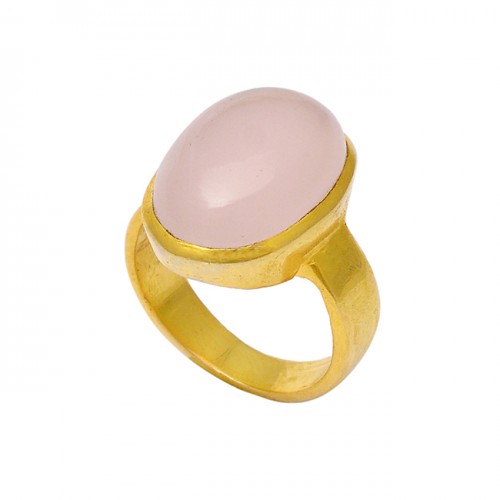 925 Sterling Silver Cabochon Oval Rose Quartz Gemstone Gold Plated Ring Jewelry