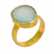 Aqua Chalcedony Oval Shape Gemstone 925 Sterling Silver Gold Plated Ring Jewelry