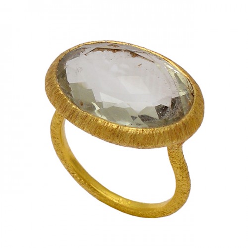 Oval Shape Green Amethyst Gemstone 925 Sterling Silver Gold Plated Ring