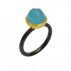 Aqua Chalcedony Gemstone 925 Sterling Silver Gold Plated Designer Ring 