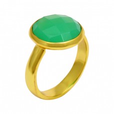 Round Shape Chrysoprase Gemstone 925 Sterling Silver Gold Plated Ring Jewelry