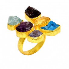 Multi Color Rough Gemstone Raw Material 925 Sterling Silver Handmade Gold Plated Ring 