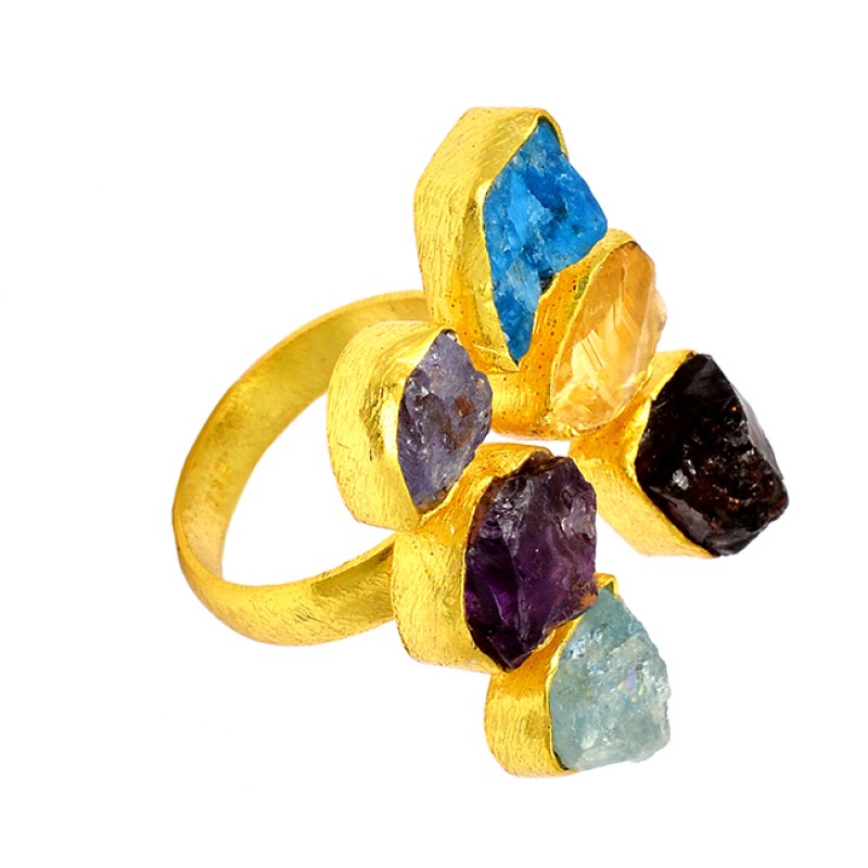 Multi Color Rough Gemstone Raw Material 925 Sterling Silver Handmade Gold Plated Ring 