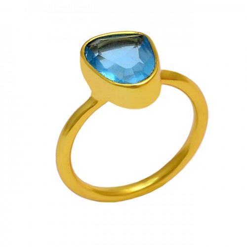 Faceted Triangle Shape Blue Topaz Gemstone 925 Silver Gold Plated Ring 