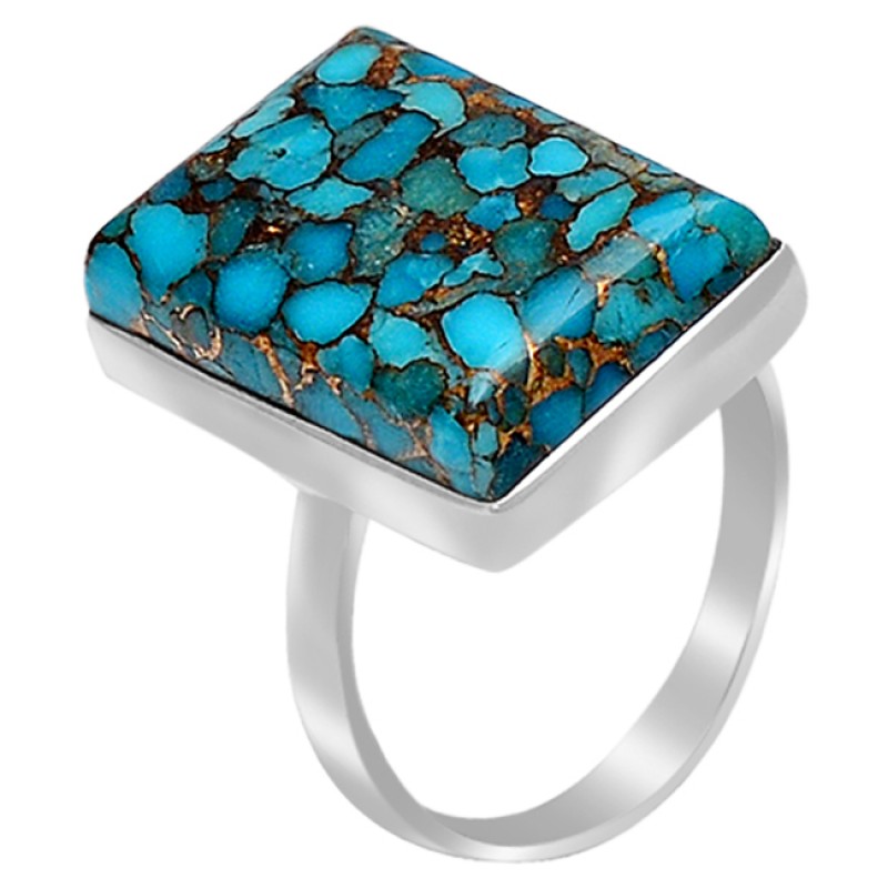 Blue Copper Turquoise Rectangle Cabochon Gemstone 925 Sterling Silver Handmade Ring 