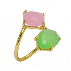 Rose Prehnite Color Chalcedony Gemstone 925 Sterling Silver Gold Plated Ring