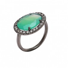 Pave Cz Chalcedony Gemstone 925 Sterling Silver Black Rhodium Ring Jewelry