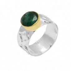 Faceted Round Shape Emerald Gemstone 925 Sterling Silver Gold Plated Ring 