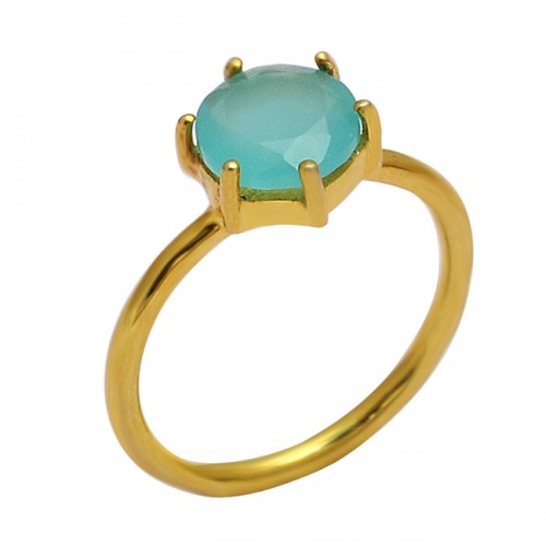 Faceted Round Shape Aqua Chalcedony Gemstone 925 Silver Gold Plated Ring