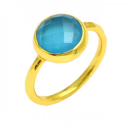 Round Shape Blue Chalcedony Gemstone 925 Sterling Silver Gold Plated Ring