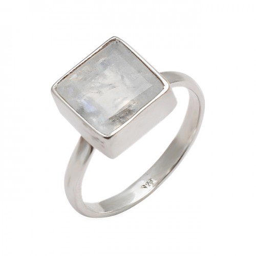 Faceted Square Shape Rainbow Moonstone 925 Sterling Silver Designer Ring