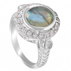 Pave CZ Labradorite Crystal Gemstone 925 Sterling Silver Designer Ring Jewelry