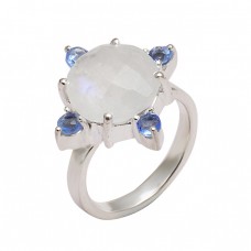 Rainbow Moonstone Iolite Gemstone 925 Sterling Silver Prong Setting Ring