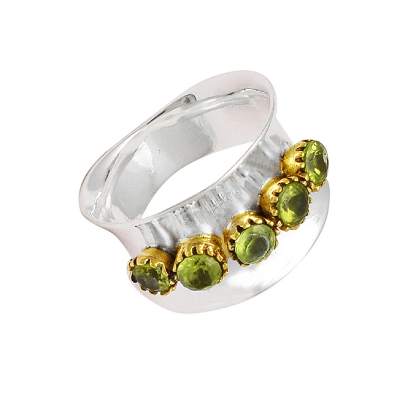 Faceted Round Peridot Gemstone 925 Sterling Silver Hammered Designer Ring Jewelry