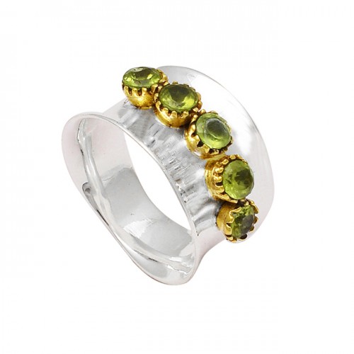 Faceted Round Peridot Gemstone 925 Sterling Silver Hammered Designer Ring Jewelry