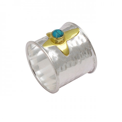 Turquoise Round Cabochon Gemstone 925 Sterling Silver Gold Plated Ring Jewelry