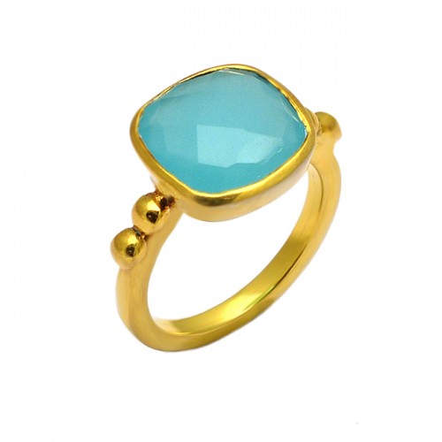 Square Shape Aqua Chalcedony Gemstone 925 Sterling Silver Gold Plated Ring