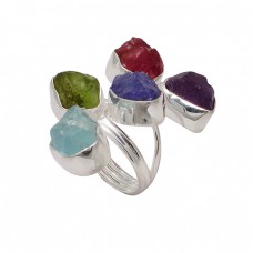 Raw Material Multi Color Rough Gemstone 925 Sterling Silver Handmade Ring Jewelry