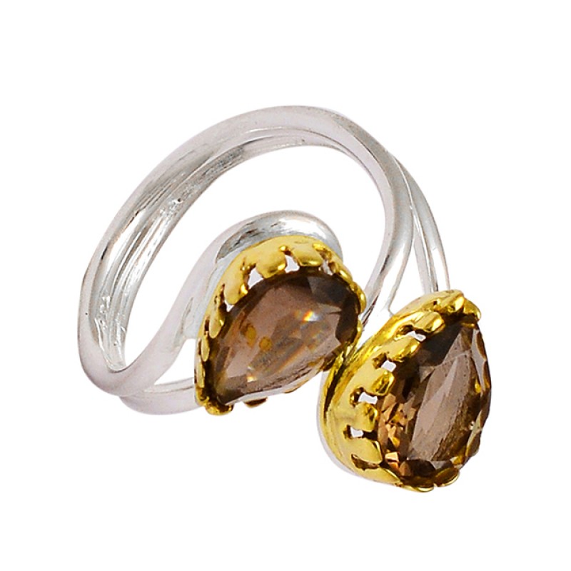 Pear Shape Smoky Quartz Gemstone 925 Sterling Silver Gold Plated Band Ring
