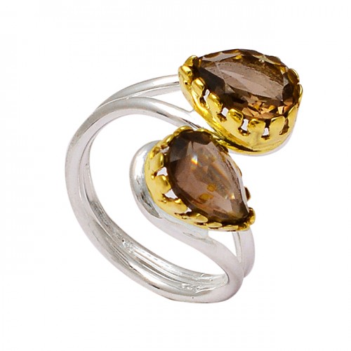 Pear Shape Smoky Quartz Gemstone 925 Sterling Silver Gold Plated Band Ring