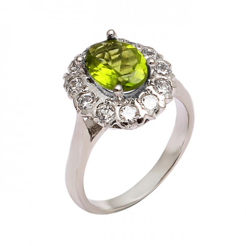 Faceted Oval Round Peridot Cubic Zirconia Gemstone 925 Sterling Silver Ring Jewelry