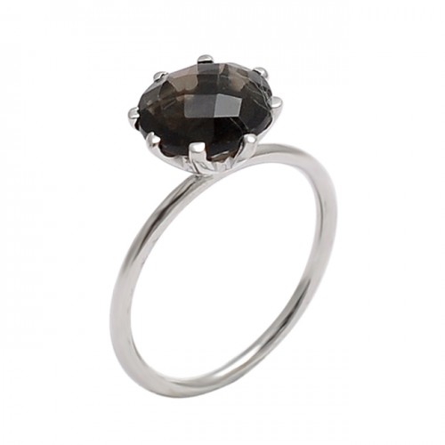 Faceted Round Shape Smoky Quartz Gemstone 925 Sterling Silver Ring