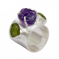 Raw Material Amethyst Peridot Rough 925 Sterling Silver Prong Setting Ring Jewelry